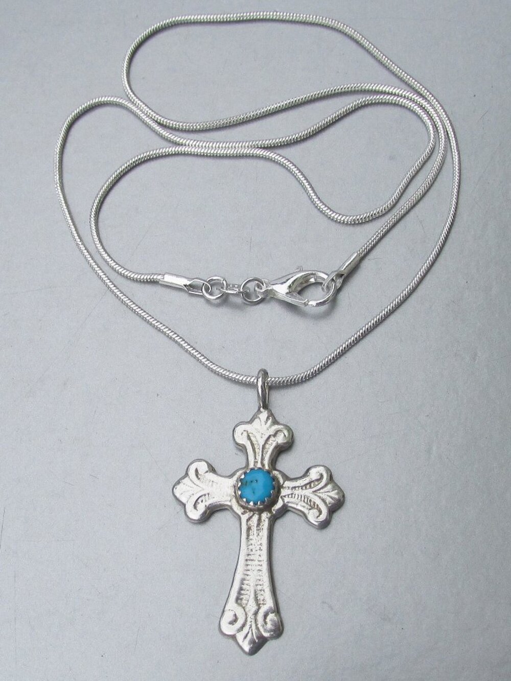 Vintage Southwestern Sterling Silver & Turquoise CROSS Pendant Necklace